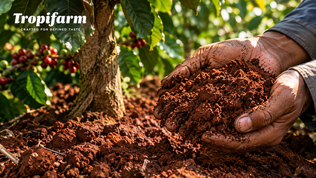 Gia Lai coffee origin, red basalt volcanic soil on the farm
